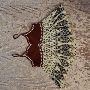 AMERICAN RAG Burgundy Tan floral Knitted Crochet Tank top hippie boho sz Small